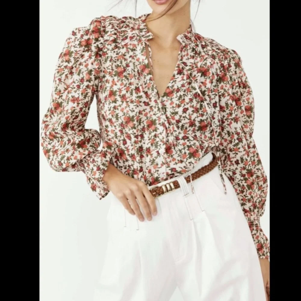 Free People Meant To Be Floral Roses Cotton Poet Blouse Statement Sleeves